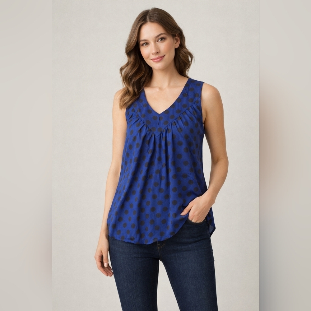 Royal Blue Polka Dot Sleeveless V-Neck Swing Blouse Size M #1143